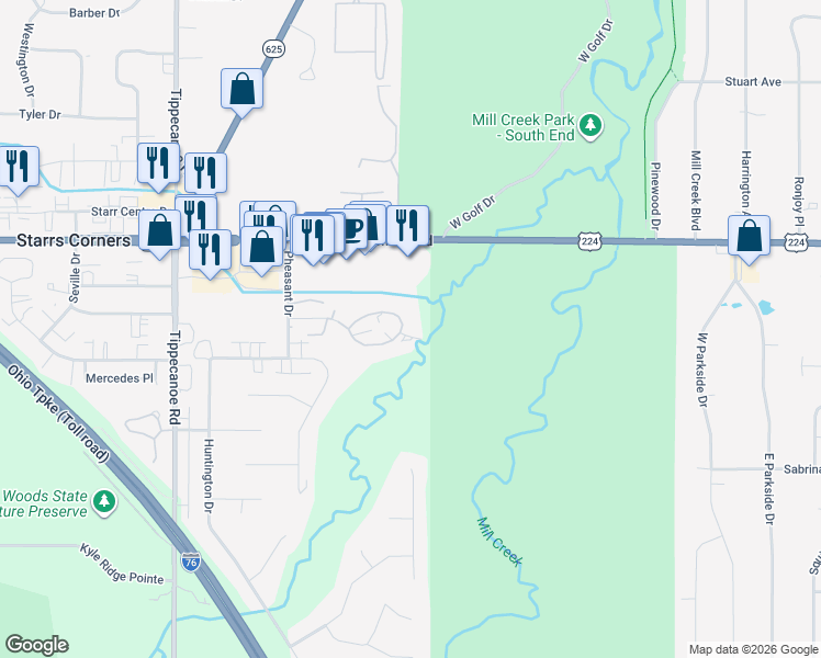 map of restaurants, bars, coffee shops, grocery stores, and more near 1203 Red Tail Hawk Court in Youngstown