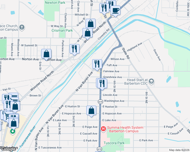 map of restaurants, bars, coffee shops, grocery stores, and more near 405 Grandview Avenue in Barberton