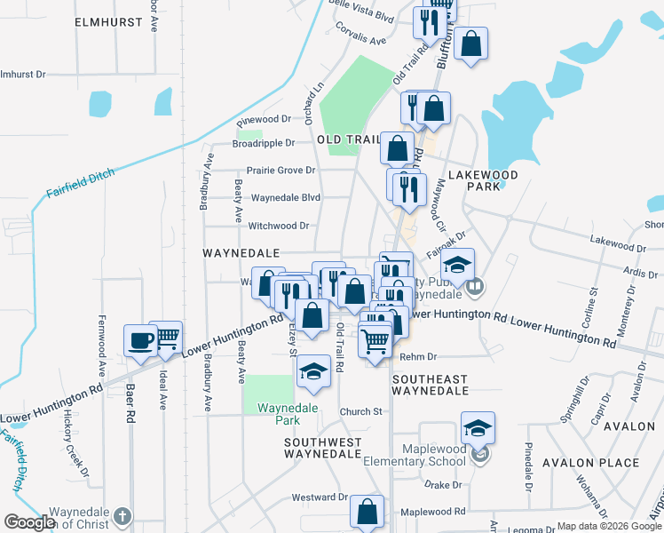 map of restaurants, bars, coffee shops, grocery stores, and more near 6605 Old Trail Road in Fort Wayne
