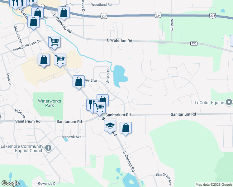 map of restaurants, bars, coffee shops, grocery stores, and more near 3163 Castleton Court in Akron