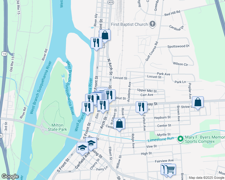map of restaurants, bars, coffee shops, grocery stores, and more near 139 North Arch Street in Milton