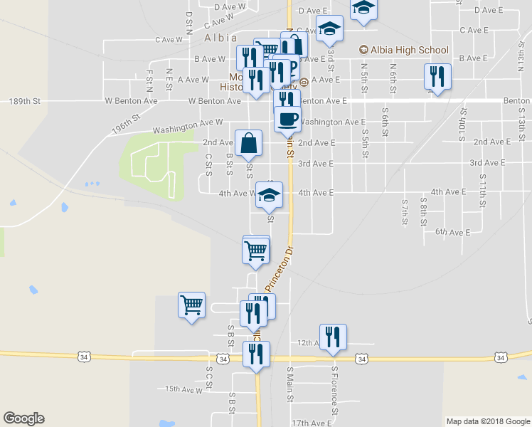 map of restaurants, bars, coffee shops, grocery stores, and more near 22 5th Avenue West in Albia