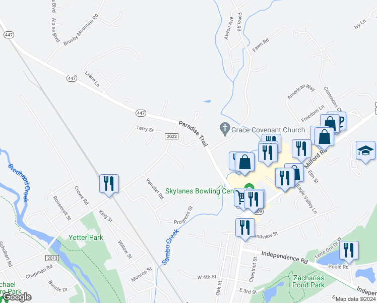 map of restaurants, bars, coffee shops, grocery stores, and more near 404 Walnut Grove in East Stroudsburg