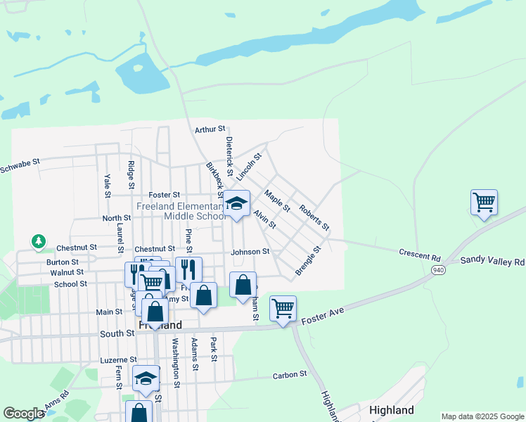 map of restaurants, bars, coffee shops, grocery stores, and more near 323 Alvin Street in Freeland