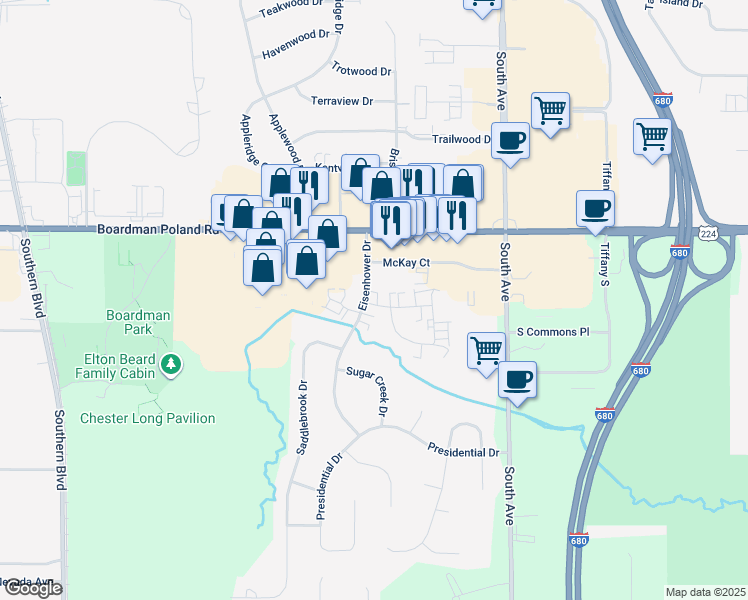 map of restaurants, bars, coffee shops, grocery stores, and more near 7357 Eisenhower Drive in Youngstown