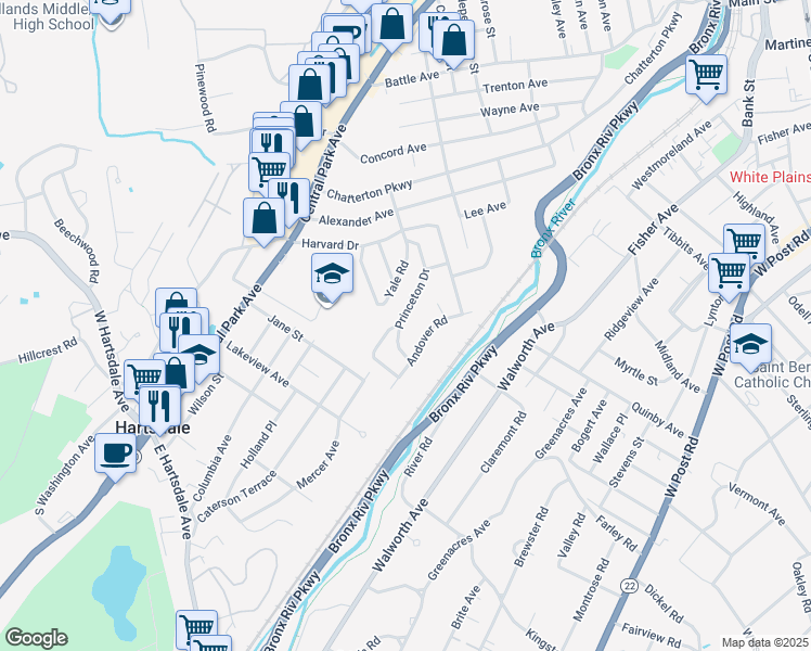 map of restaurants, bars, coffee shops, grocery stores, and more near 144 Princeton Drive in Hartsdale