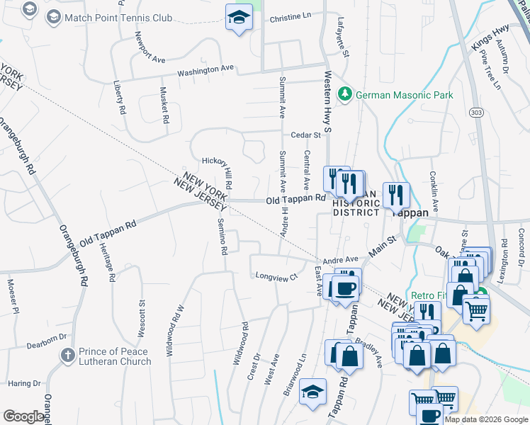 map of restaurants, bars, coffee shops, grocery stores, and more near 181 Old Tappan Road in Tappan