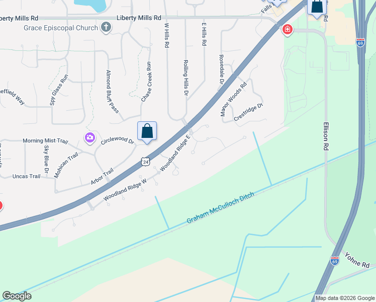 map of restaurants, bars, coffee shops, grocery stores, and more near 6623 Camberwell Ct in Fort Wayne