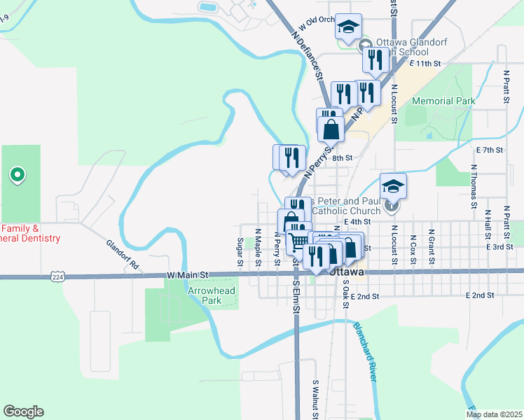 map of restaurants, bars, coffee shops, grocery stores, and more near 314 North Maple Street in Ottawa