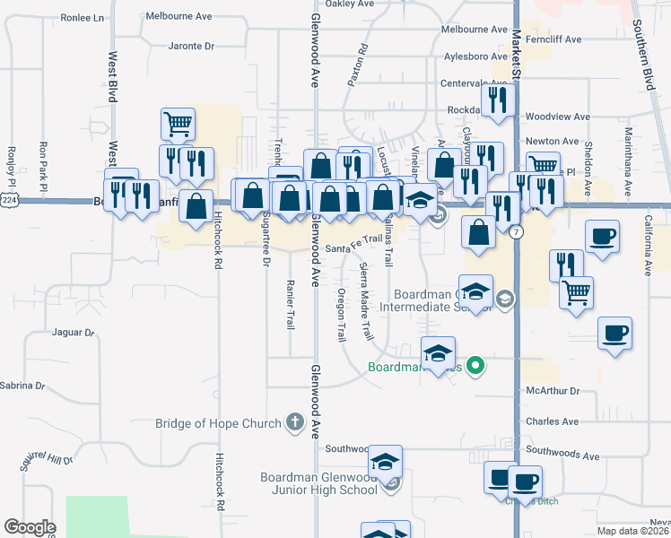 map of restaurants, bars, coffee shops, grocery stores, and more near 7372 Oregon Trail in Youngstown