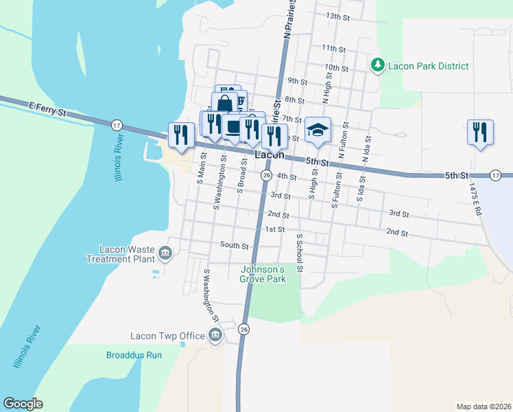 map of restaurants, bars, coffee shops, grocery stores, and more near 315 South Prairie Street in Lacon