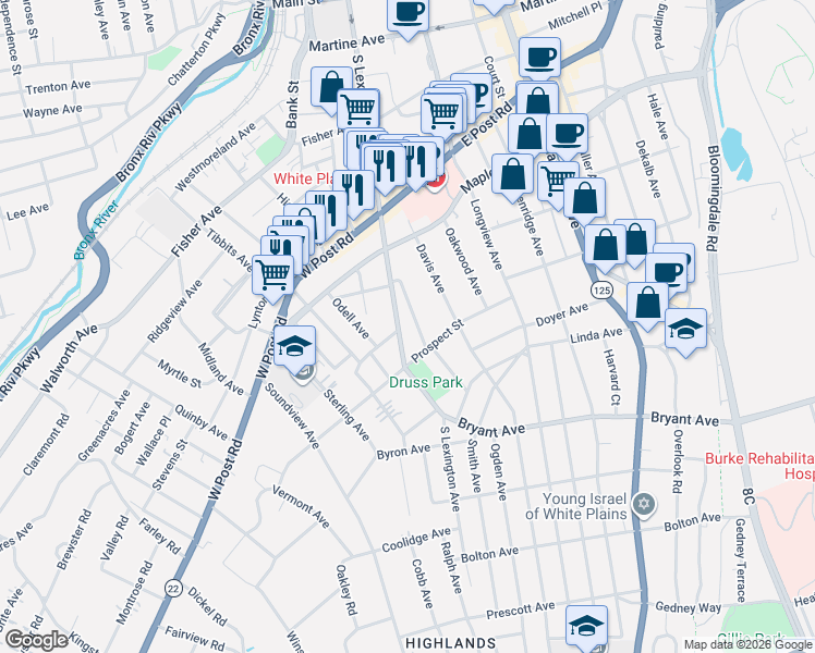 map of restaurants, bars, coffee shops, grocery stores, and more near 40 Cambridge Avenue in White Plains