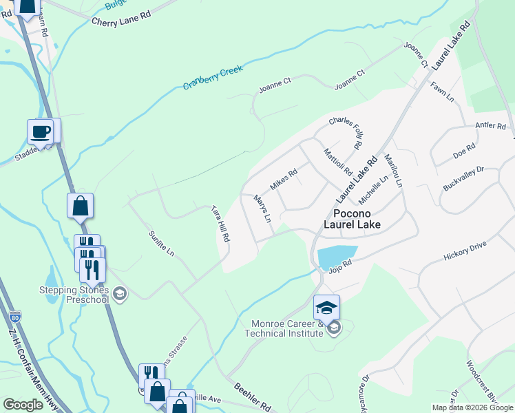 map of restaurants, bars, coffee shops, grocery stores, and more near 710 Marys Lane in Monroe County