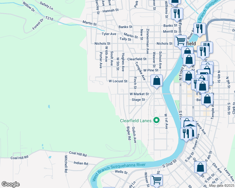 map of restaurants, bars, coffee shops, grocery stores, and more near 500 West Market Street in Clearfield