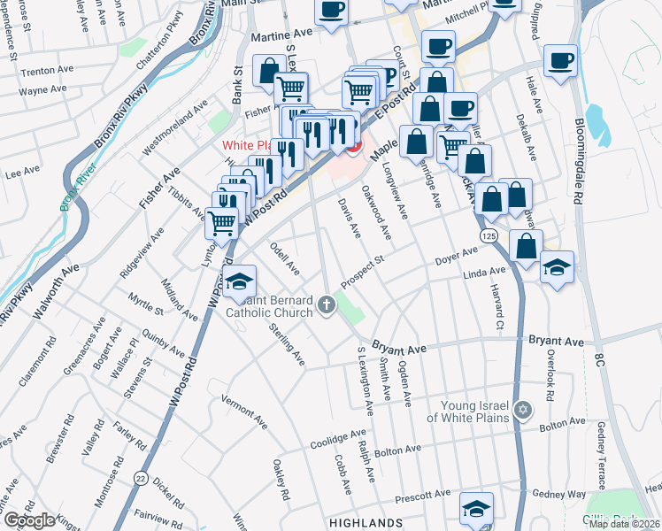 map of restaurants, bars, coffee shops, grocery stores, and more near 40 Cambridge Avenue in White Plains