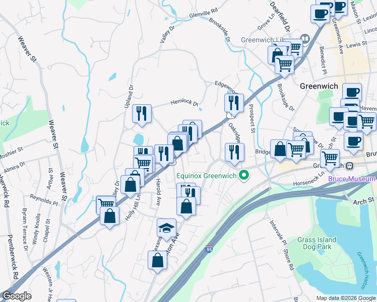 map of restaurants, bars, coffee shops, grocery stores, and more near 364 West Putnam Avenue in Greenwich