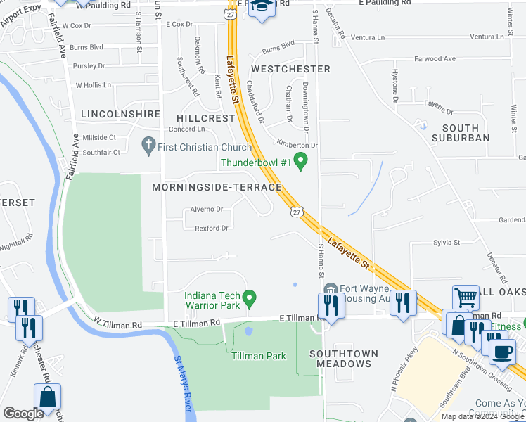 map of restaurants, bars, coffee shops, grocery stores, and more near 515 Corwin Lane in Fort Wayne