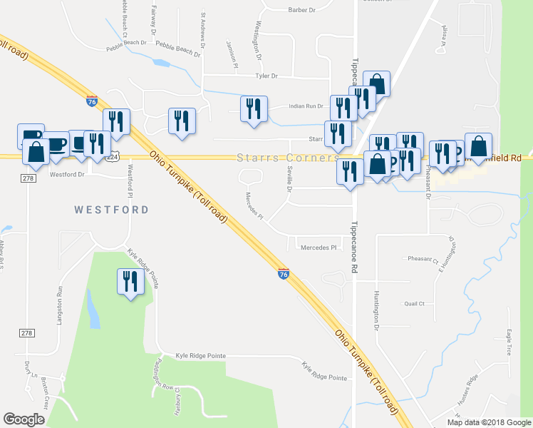 map of restaurants, bars, coffee shops, grocery stores, and more near 6692 Seville Drive in Canfield
