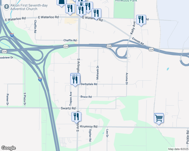 map of restaurants, bars, coffee shops, grocery stores, and more near 1700 Mohawk Drive in Akron