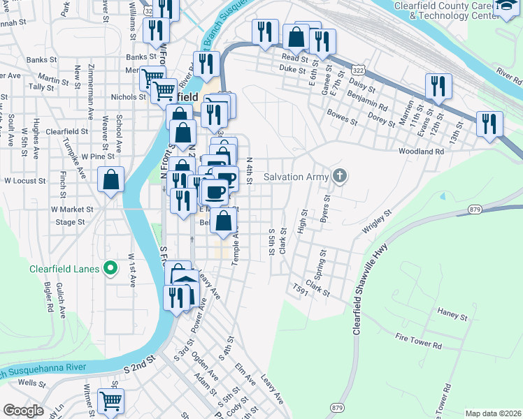 map of restaurants, bars, coffee shops, grocery stores, and more near 453 East Market Street in Clearfield