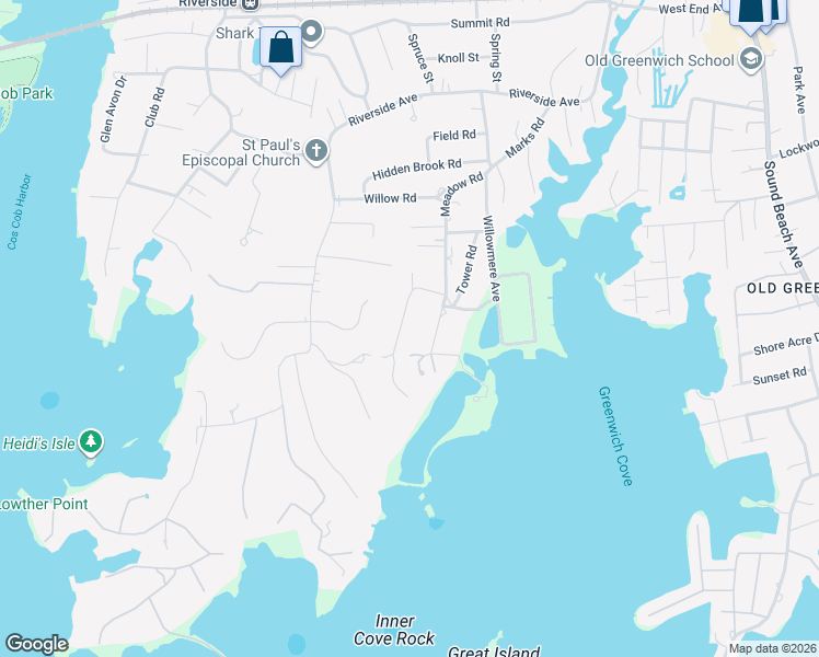 map of restaurants, bars, coffee shops, grocery stores, and more near 34 Grosset Road in Greenwich