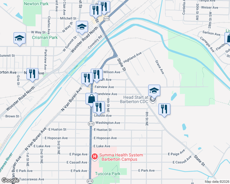 map of restaurants, bars, coffee shops, grocery stores, and more near 529 Grandview Avenue in Barberton