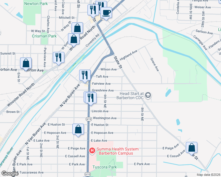 map of restaurants, bars, coffee shops, grocery stores, and more near 529 Grandview Ave in Barberton