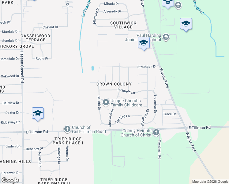 map of restaurants, bars, coffee shops, grocery stores, and more near 4226 Richfield Lane in Fort Wayne