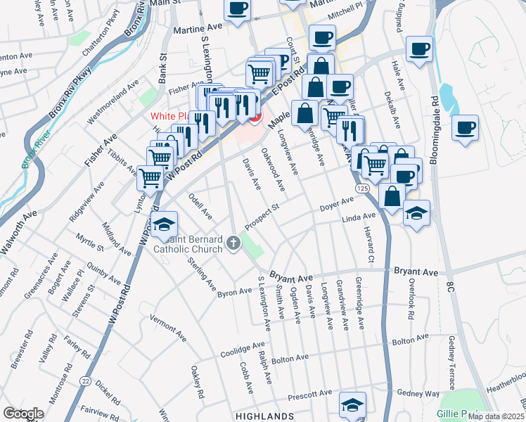 map of restaurants, bars, coffee shops, grocery stores, and more near 26 Prospect Street in White Plains