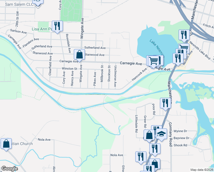 map of restaurants, bars, coffee shops, grocery stores, and more near 2976 Stockton St in Akron