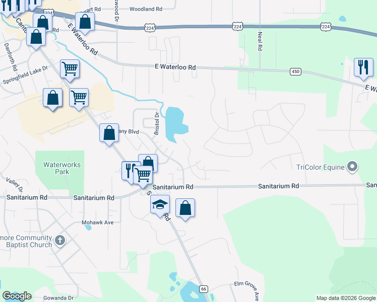 map of restaurants, bars, coffee shops, grocery stores, and more near 1048 Bennington Court in Akron