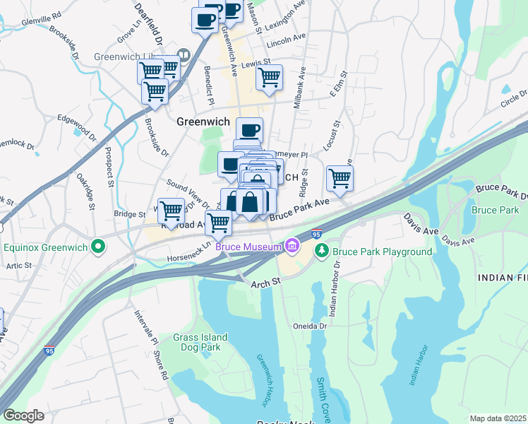 map of restaurants, bars, coffee shops, grocery stores, and more near 407 Greenwich Avenue in Greenwich