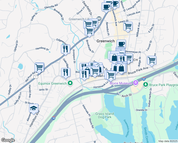 map of restaurants, bars, coffee shops, grocery stores, and more near 41 Woodland Drive in Greenwich