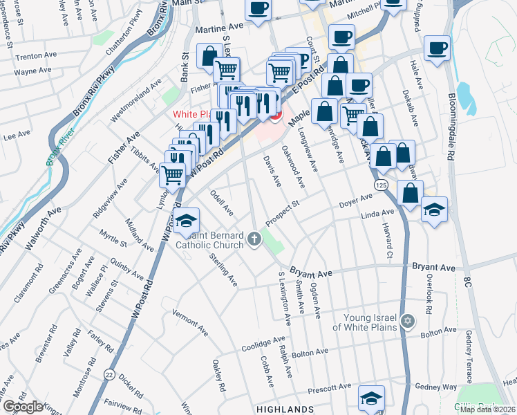 map of restaurants, bars, coffee shops, grocery stores, and more near 40 Cambridge Avenue in White Plains