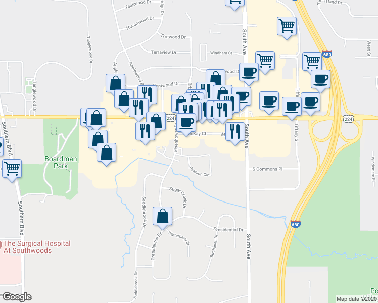 map of restaurants, bars, coffee shops, grocery stores, and more near 7357 Eisenhower Drive in Youngstown
