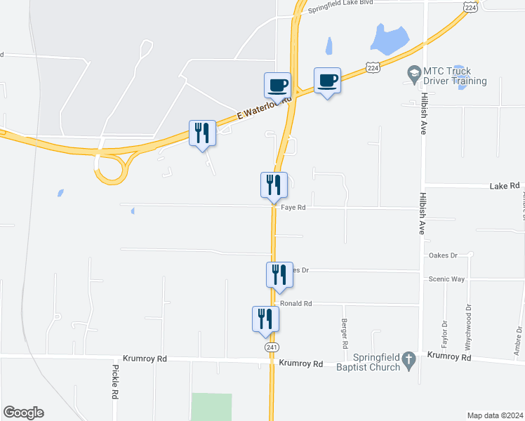 map of restaurants, bars, coffee shops, grocery stores, and more near 1448 Ohio 241 in Akron