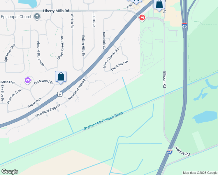 map of restaurants, bars, coffee shops, grocery stores, and more near 6515 East Canal Pointe Lane in Fort Wayne