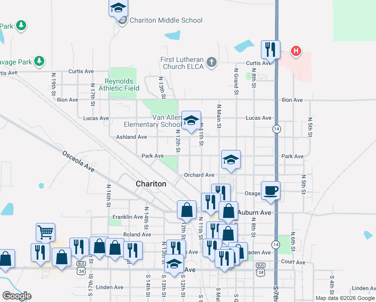 map of restaurants, bars, coffee shops, grocery stores, and more near 1113 Park Avenue in Chariton