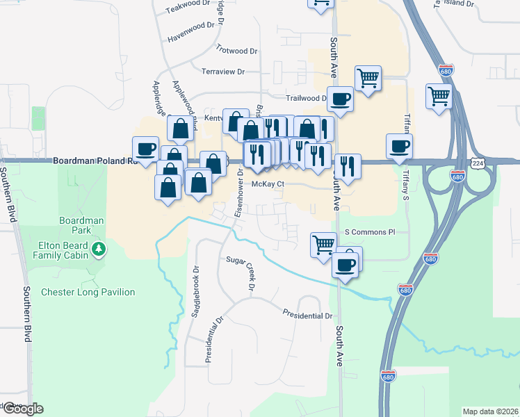 map of restaurants, bars, coffee shops, grocery stores, and more near 816 Pearson Circle in Youngstown