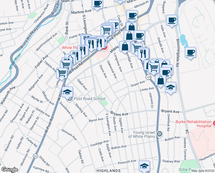 map of restaurants, bars, coffee shops, grocery stores, and more near 26 Prospect Street in White Plains