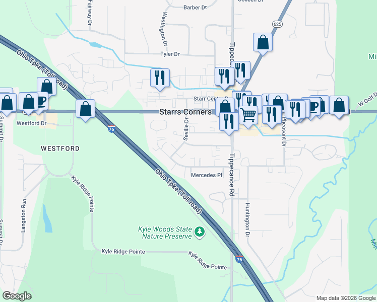 map of restaurants, bars, coffee shops, grocery stores, and more near 6655 Seville Dr in Canfield