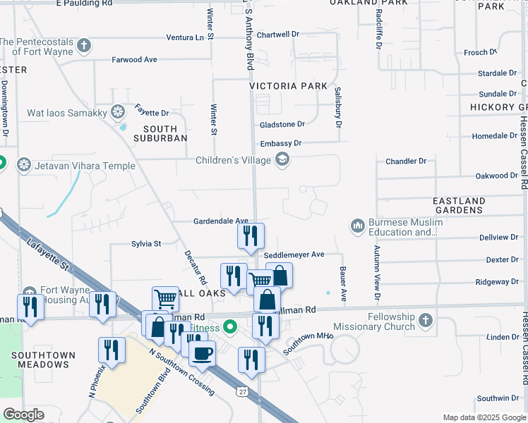 map of restaurants, bars, coffee shops, grocery stores, and more near 6811 South Anthony Boulevard in Fort Wayne