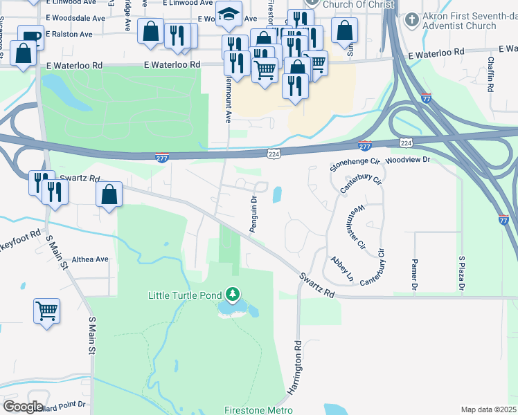 map of restaurants, bars, coffee shops, grocery stores, and more near 2175 Penguin Drive in Akron