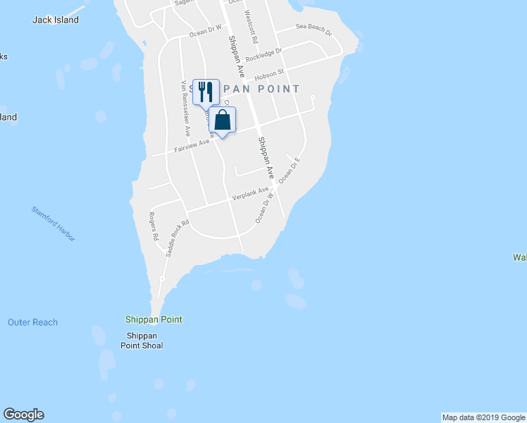 map of restaurants, bars, coffee shops, grocery stores, and more near 457 Ocean Drive West in Stamford