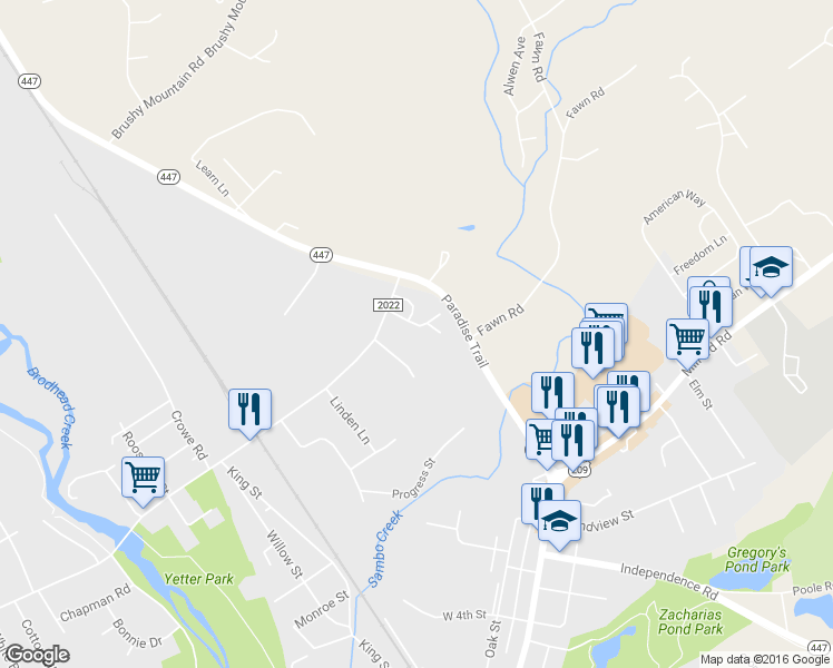 map of restaurants, bars, coffee shops, grocery stores, and more near 309 Walnut Grove in East Stroudsburg