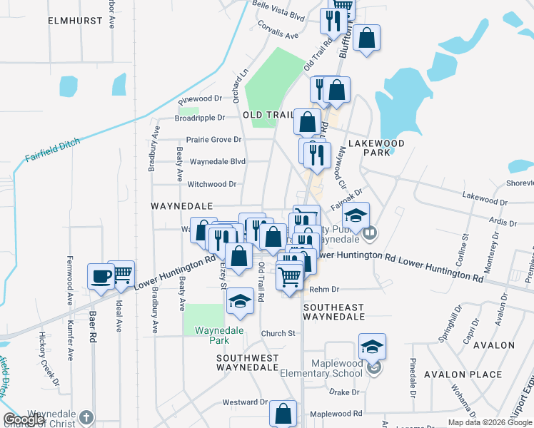 map of restaurants, bars, coffee shops, grocery stores, and more near 6605 Old Trail Road in Fort Wayne