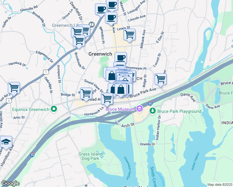 map of restaurants, bars, coffee shops, grocery stores, and more near 55 Railroad Avenue in Greenwich