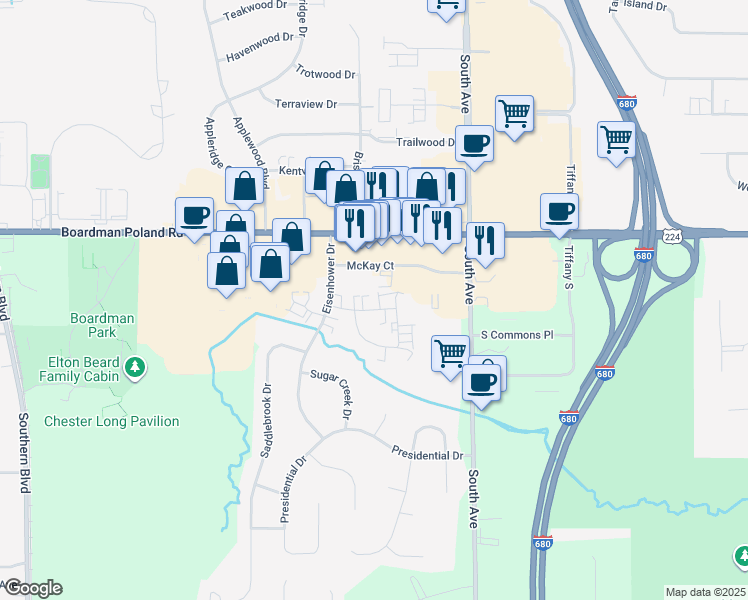 map of restaurants, bars, coffee shops, grocery stores, and more near 828 Pearson Circle in Youngstown
