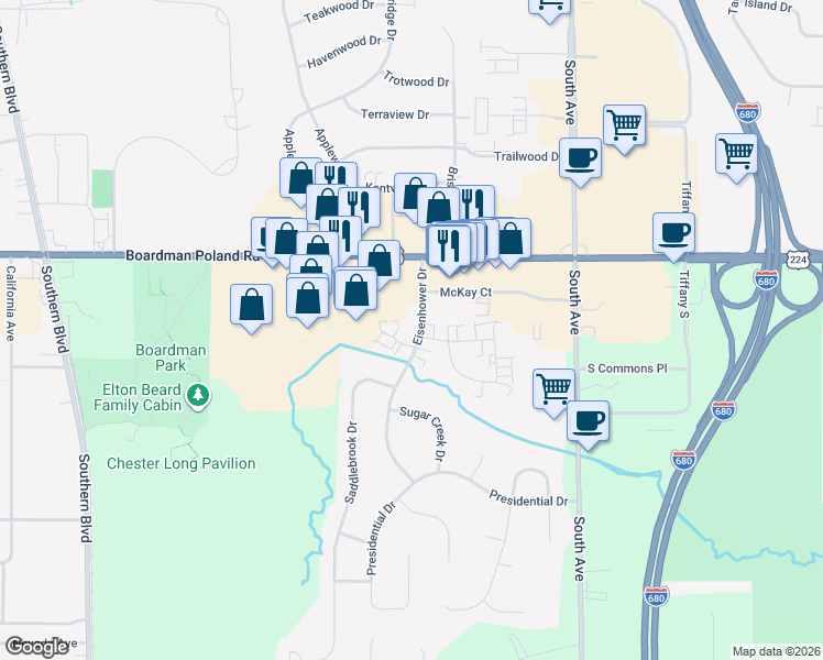 map of restaurants, bars, coffee shops, grocery stores, and more near 7356 Eisenhower Drive in Youngstown