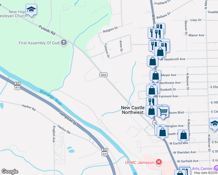 map of restaurants, bars, coffee shops, grocery stores, and more near 1725 Pulaski Road in New Castle